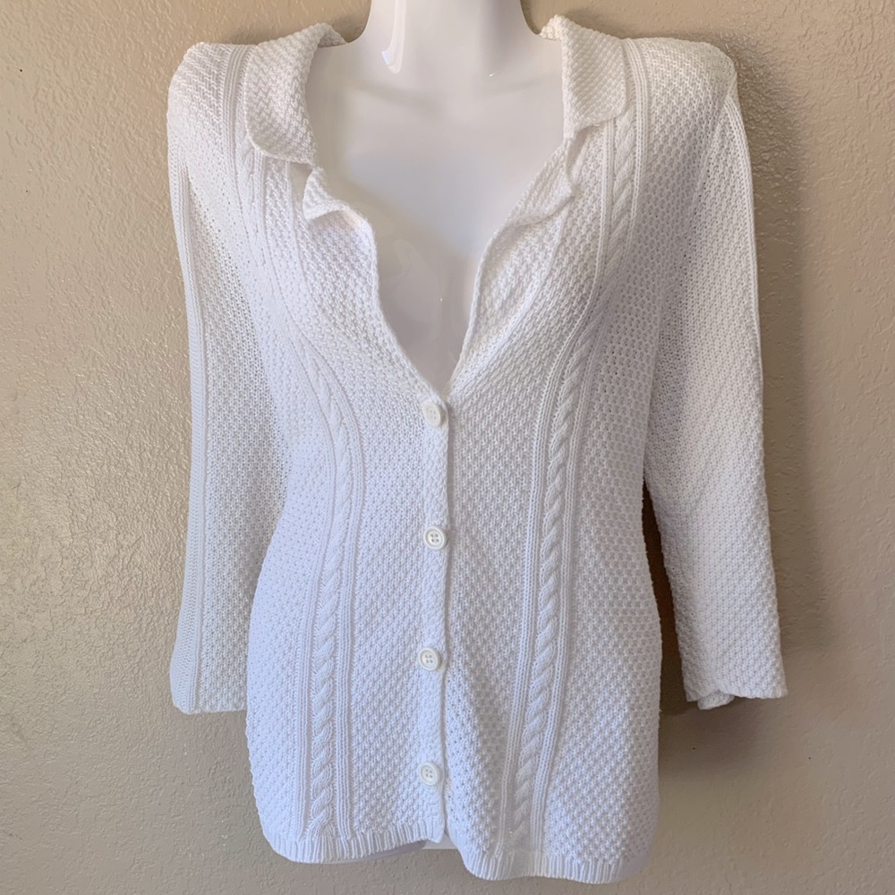 Heather B White CottageCore Coquette Button Down 3/4 Sleeve Cardigan Size M
